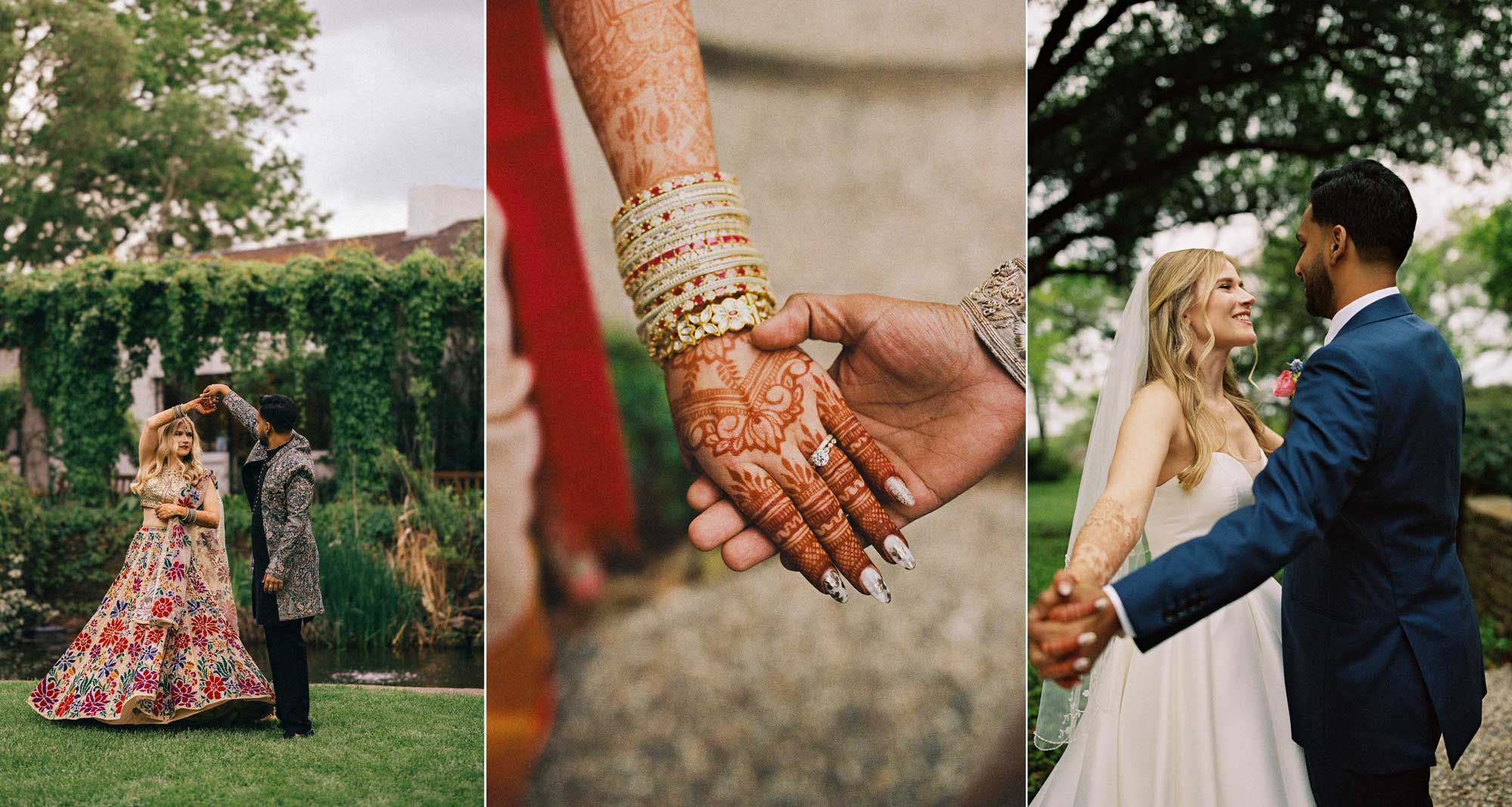 Indian Fusion holding hands in a Seattle garden on their wedding day